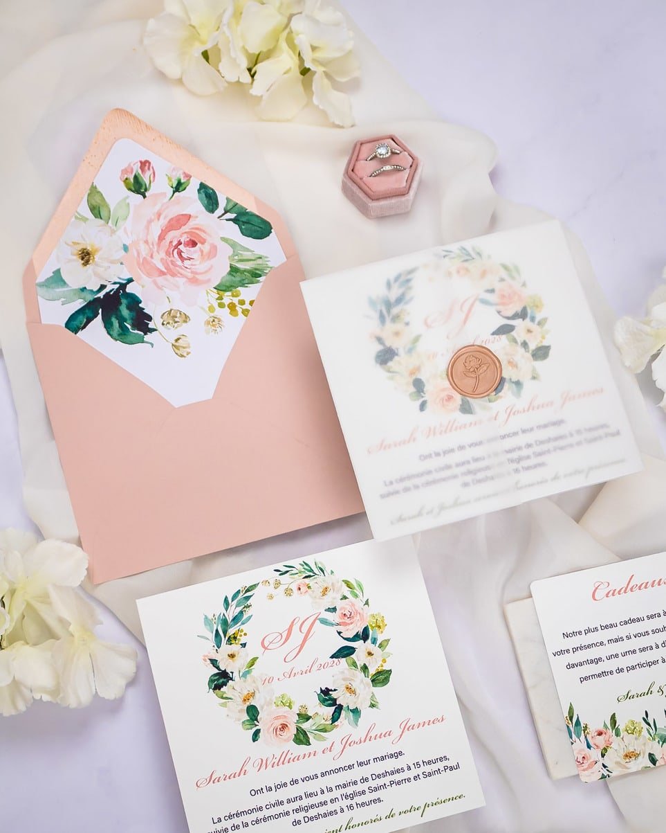 "Juliette" - Faire-part de mariage fleuris élégant et romantique avec dorure or et wax seal – Wedding stationery - Création Luxe Carterie Studio