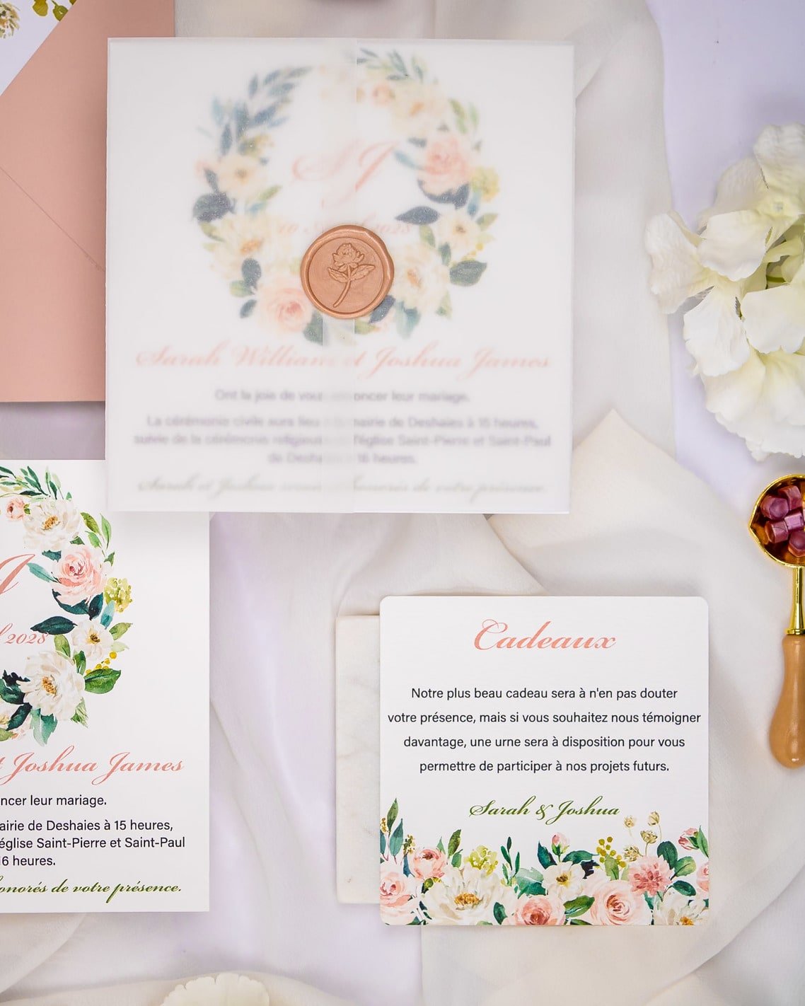 "Juliette" - Faire-part de mariage fleuris élégant et romantique avec dorure or et wax seal – Wedding stationery - Création Luxe Carterie Studio