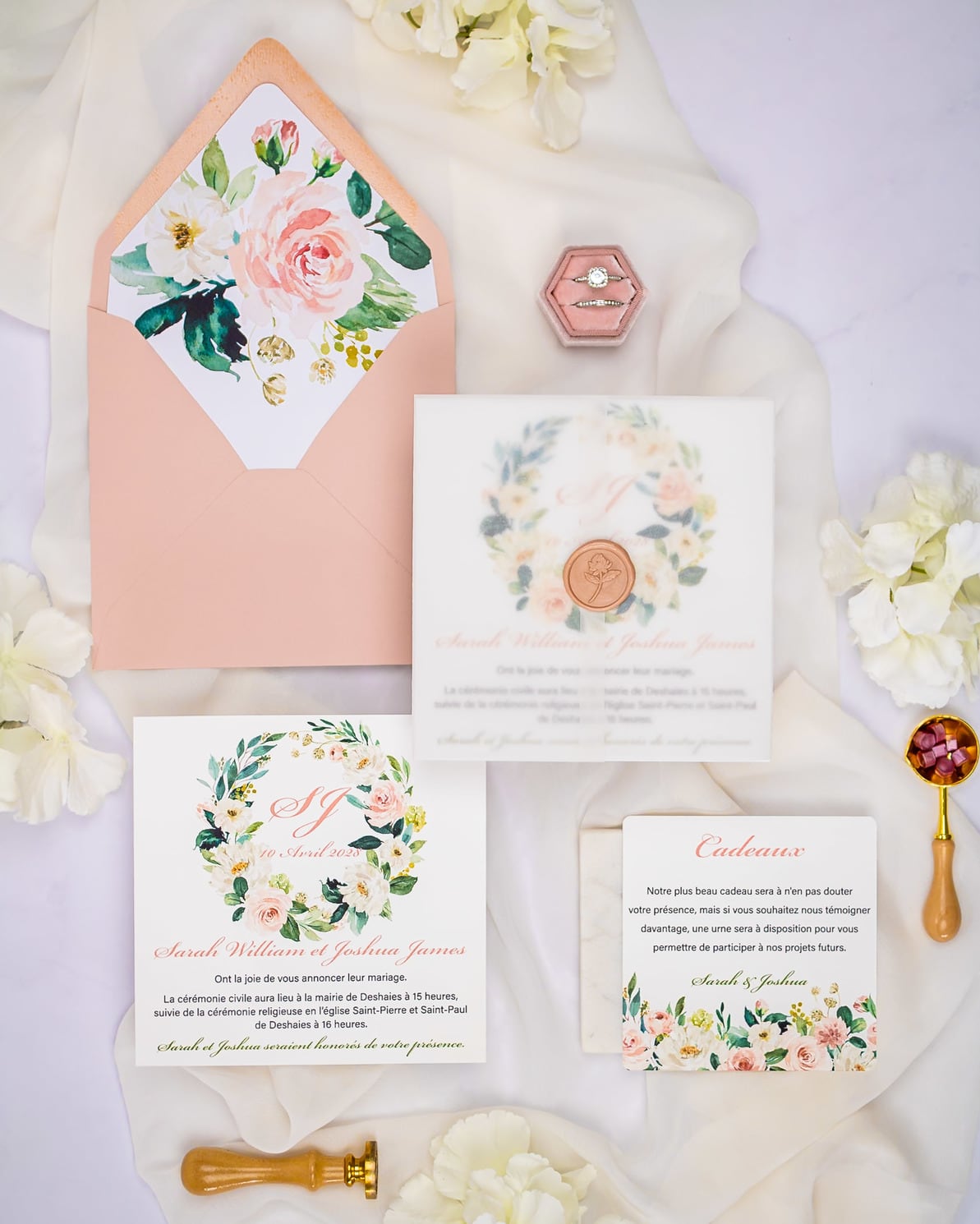 "Juliette" - Faire-part de mariage fleuris élégant et romantique avec dorure or et wax seal – Wedding stationery - Création Luxe Carterie Studio