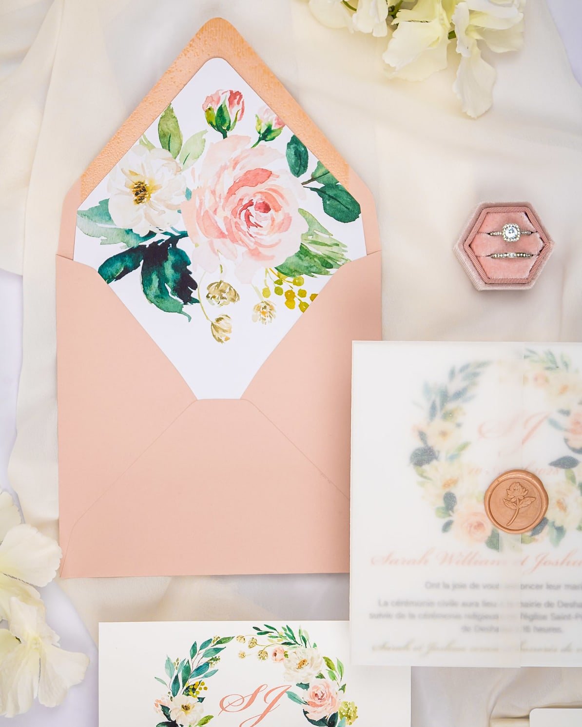 "Juliette" - Faire-part de mariage fleuris élégant et romantique avec dorure or et wax seal – Wedding stationery - Création Luxe Carterie Studio