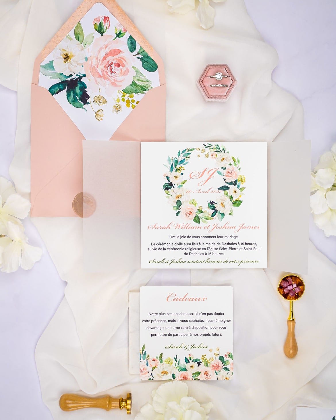 "Juliette" - Faire-part de mariage fleuris élégant et romantique avec dorure or et wax seal – Wedding stationery - Création Luxe Carterie Studio