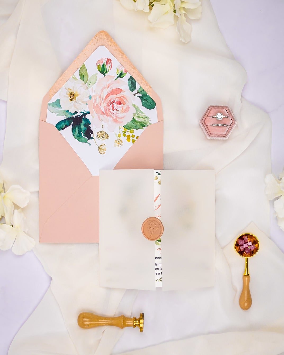 "Juliette" - Faire-part de mariage fleuris élégant et romantique avec dorure or et wax seal – Wedding stationery - Création Luxe Carterie Studio
