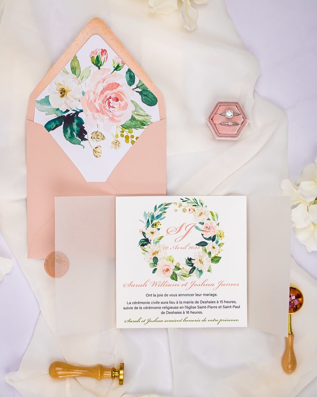 "Juliette" - Faire-part de mariage fleuris élégant et romantique avec dorure or et wax seal – Wedding stationery - Création Luxe Carterie Studio