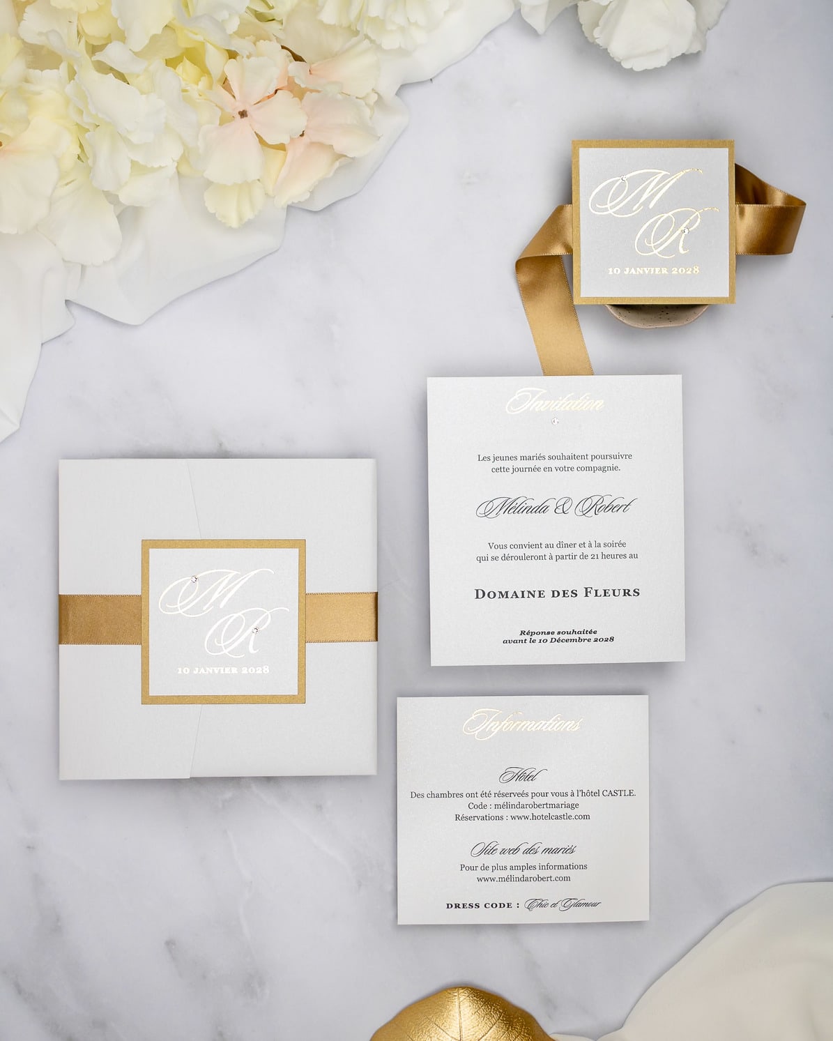 "Laura" - Faire-part de mariage chic, élégant et romantique avec dorure or - Wedding stationery - Création Luxe Carterie Studio