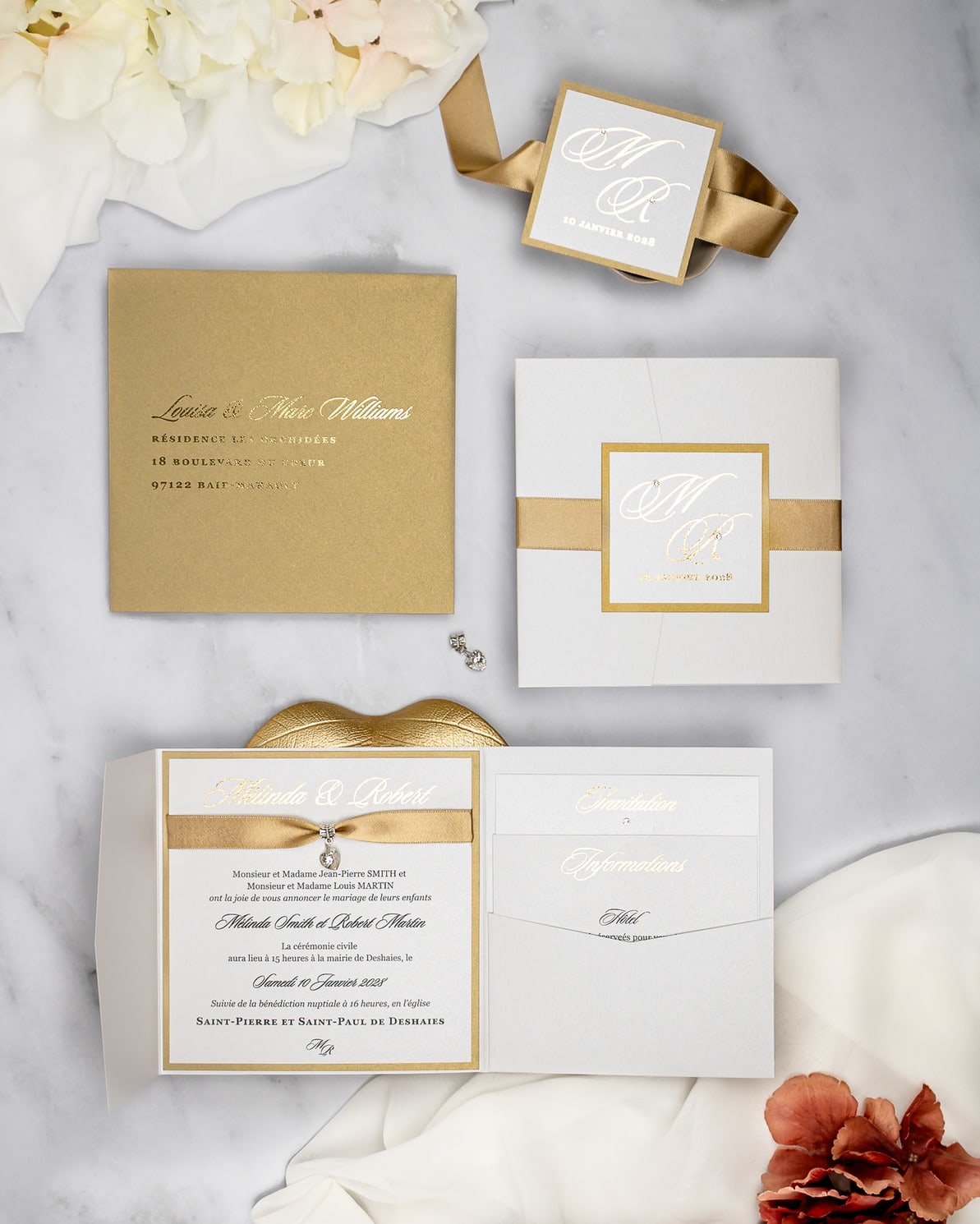 "Laura" - Faire-part de mariage chic, élégant et romantique avec dorure or - Wedding stationery - Création Luxe Carterie Studio