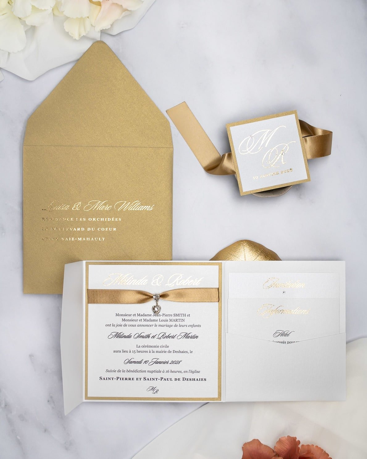 "Laura" - Faire-part de mariage chic, élégant et romantique avec dorure or - Wedding stationery - Création Luxe Carterie Studio