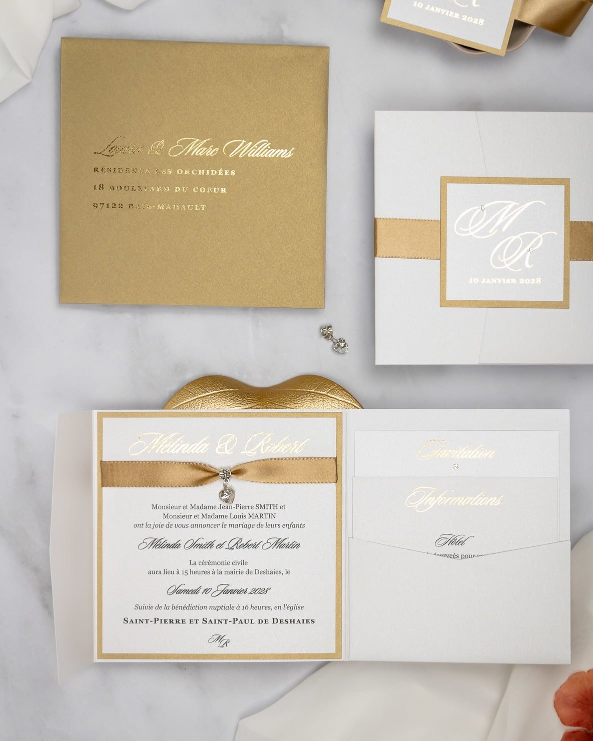 "Laura" - Faire-part de mariage chic, élégant et romantique avec dorure or - Wedding stationery - Création Luxe Carterie Studio