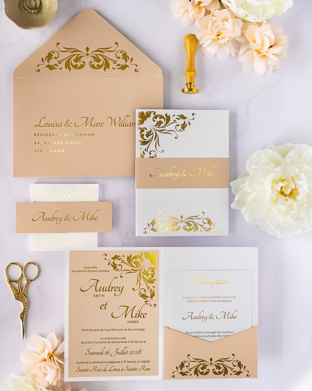 "Lauren" - Faire-part de mariage chic, élégant et romantique avec dorure or - Wedding stationery - Création Luxe Carterie Studio