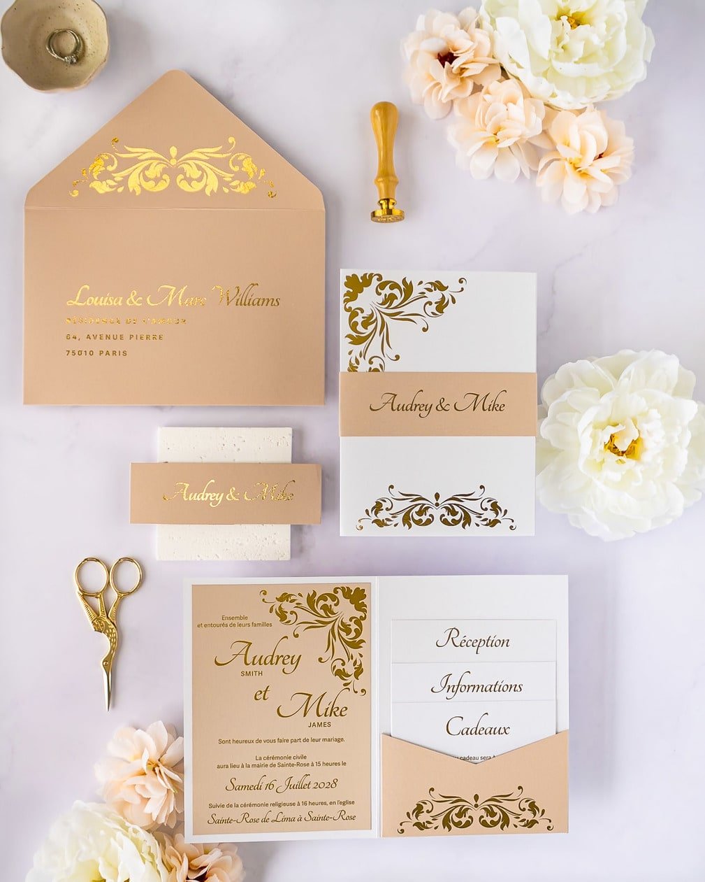 "Lauren" - Faire-part de mariage chic, élégant et romantique avec dorure or - Wedding stationery - Création Luxe Carterie Studio