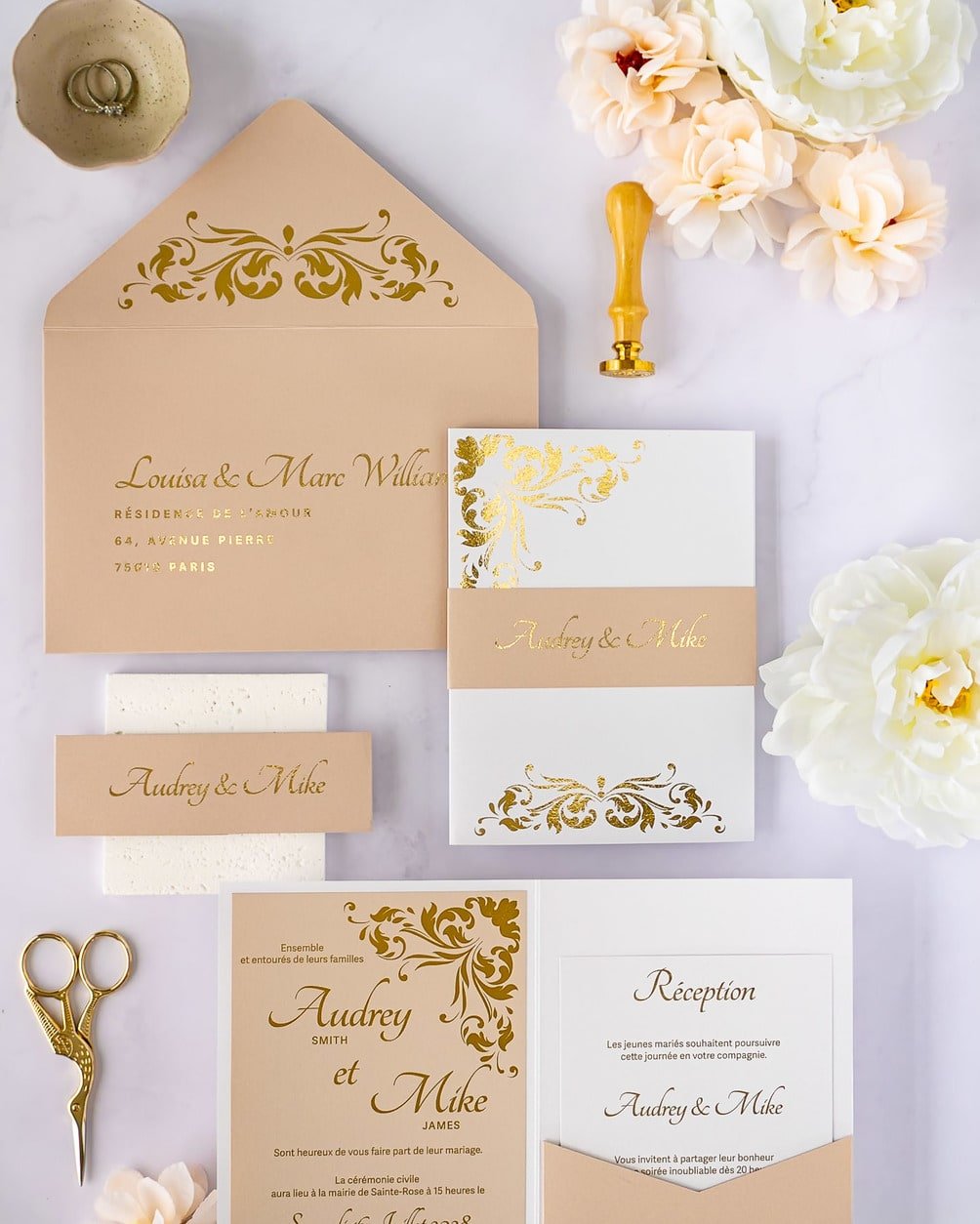 "Lauren" - Faire-part de mariage chic, élégant et romantique avec dorure or - Wedding stationery - Création Luxe Carterie Studio