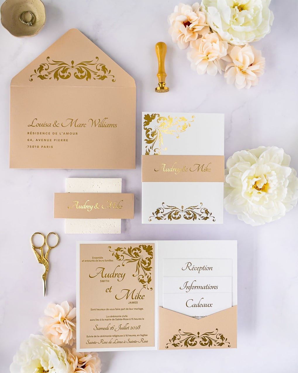 "Lauren" - Faire-part de mariage chic, élégant et romantique avec dorure or - Wedding stationery - Création Luxe Carterie Studio