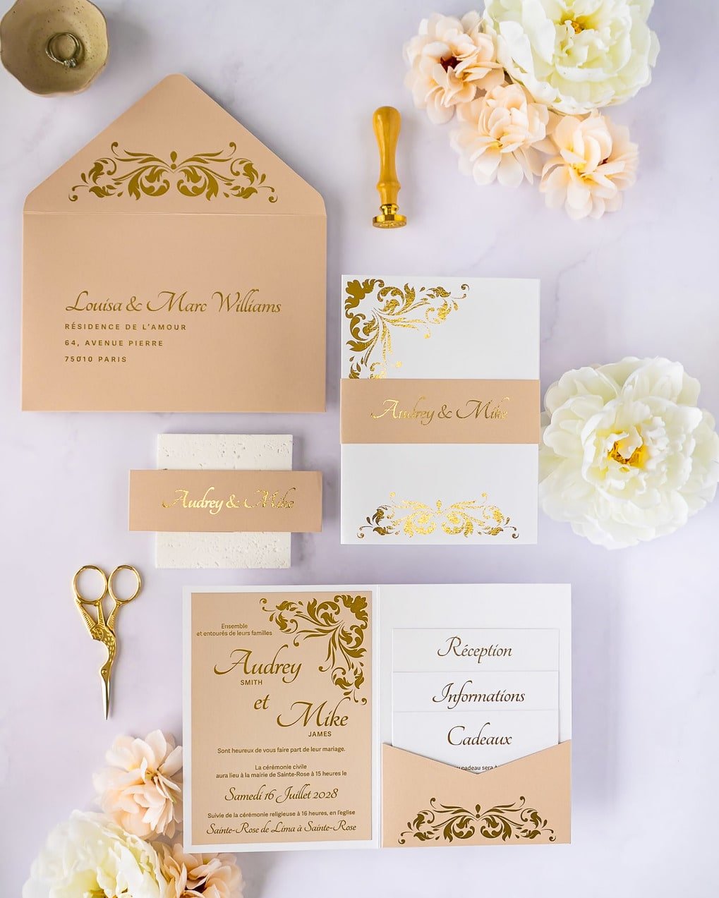 "Lauren" - Faire-part de mariage chic, élégant et romantique avec dorure or - Wedding stationery - Création Luxe Carterie Studio