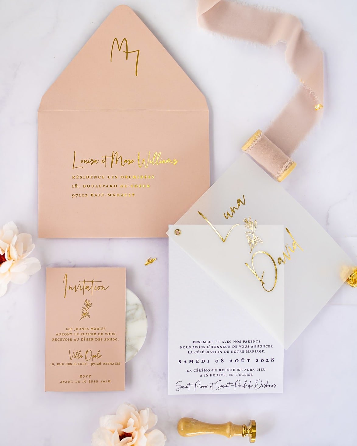 "Léane" - Faire-part de mariage chic, élégant et romantique avec dorure or - Wedding stationery - Création Luxe Carterie Studio