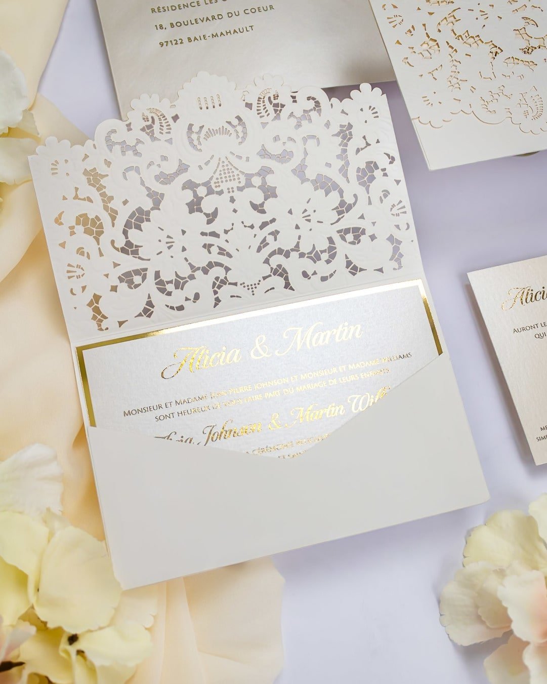 "Lilly" - Faire-part de mariage laser cut élégant et romantique avec dorure or - Wedding stationery - Création Luxe Carterie Studio