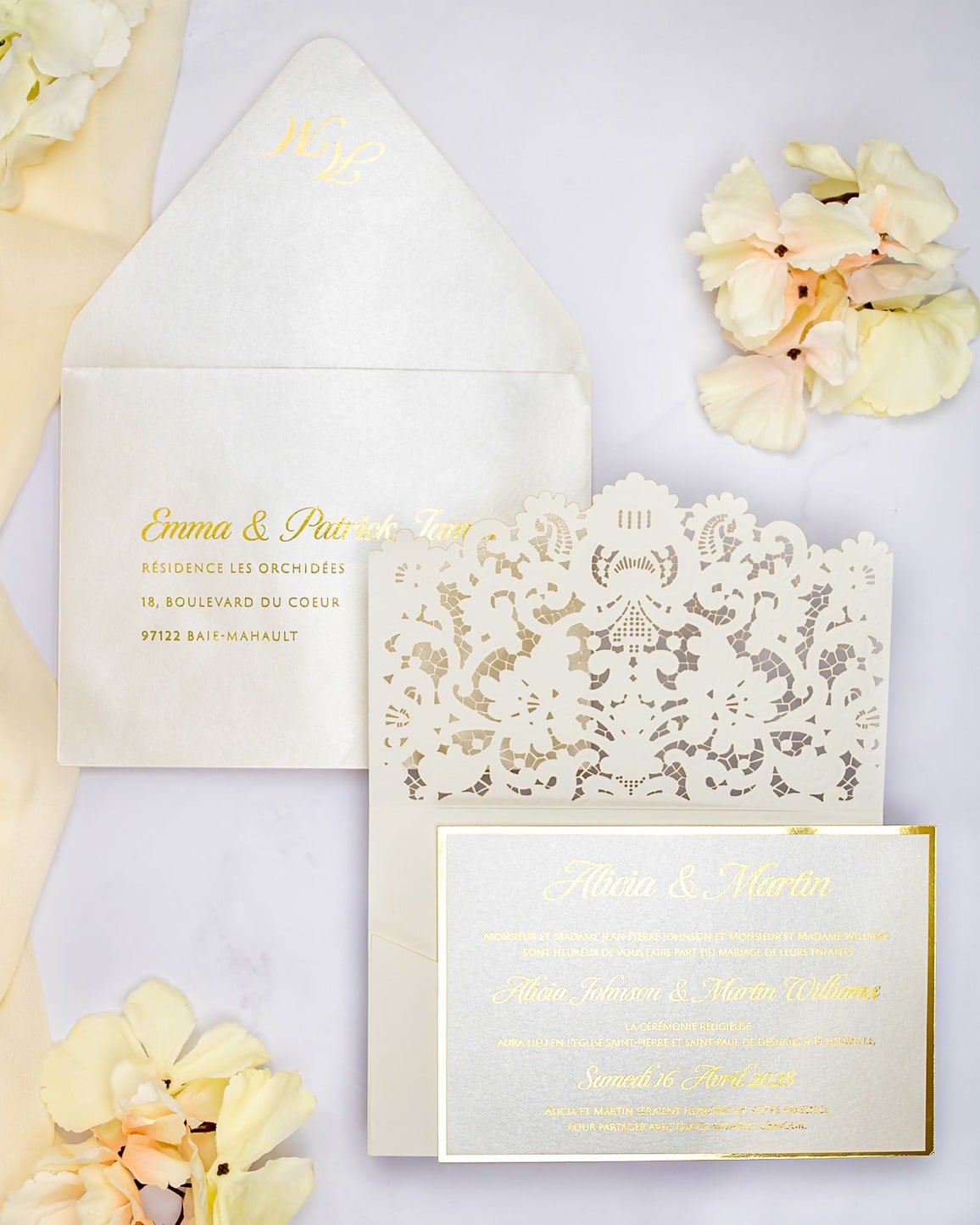 "Lilly" - Faire-part de mariage laser cut élégant et romantique avec dorure or - Wedding stationery - Création Luxe Carterie Studio