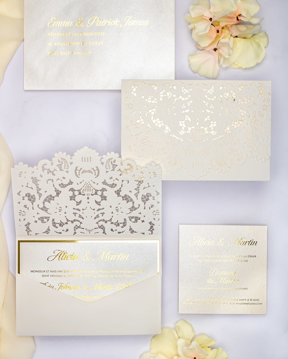 "Lilly" - Faire-part de mariage laser cut élégant et romantique avec dorure or - Wedding stationery - Création Luxe Carterie Studio