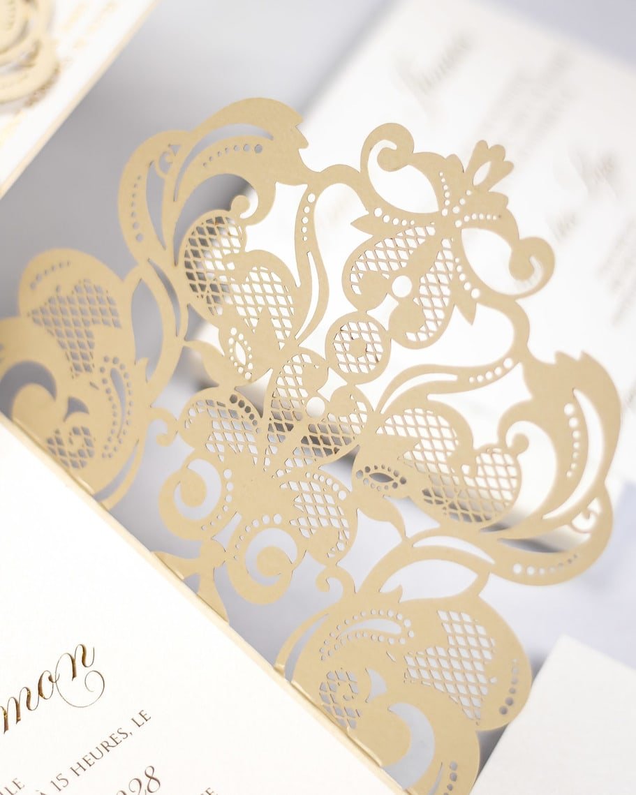 "Lys" - Faire-part de mariage laser cut élégant et romantique avec dorure or - Wedding stationery - Création Luxe Carterie Studio