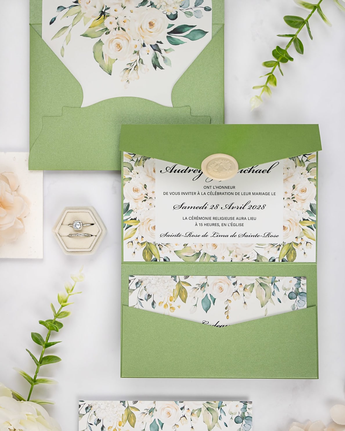 "Maud" - Faire-part de mariage fleuris élégant et romantique avec dorure or et wax seal – Wedding stationery - Création Luxe Carterie Studio