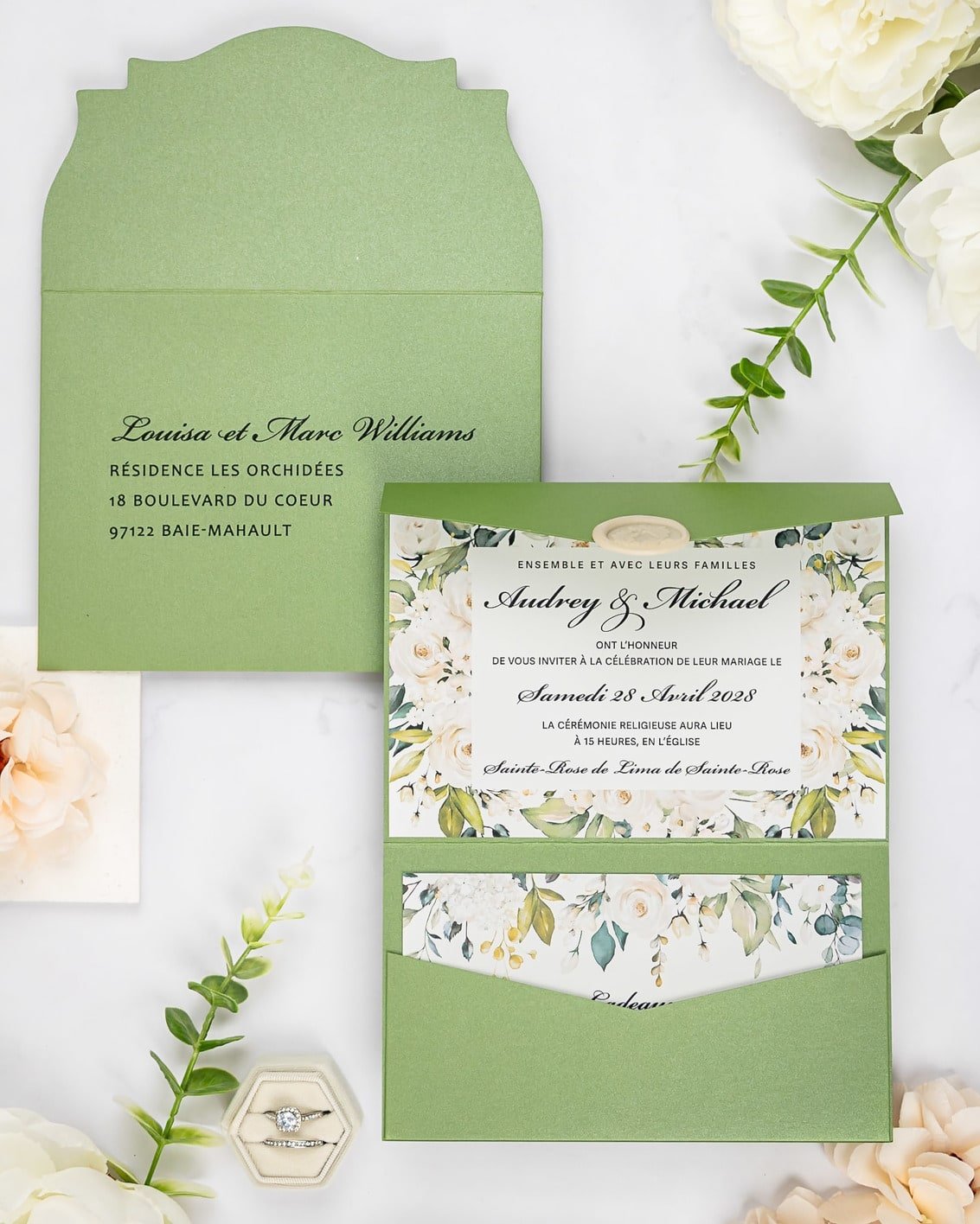 "Maud" - Faire-part de mariage fleuris élégant et romantique avec dorure or et wax seal – Wedding stationery - Création Luxe Carterie Studio