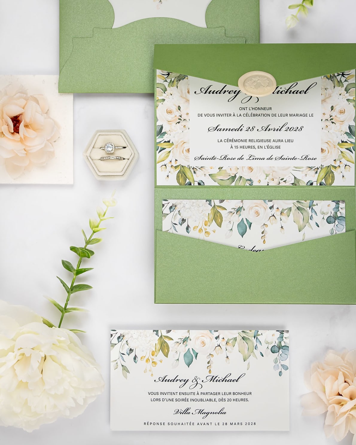 "Maud" - Faire-part de mariage fleuris élégant et romantique avec dorure or et wax seal – Wedding stationery - Création Luxe Carterie Studio