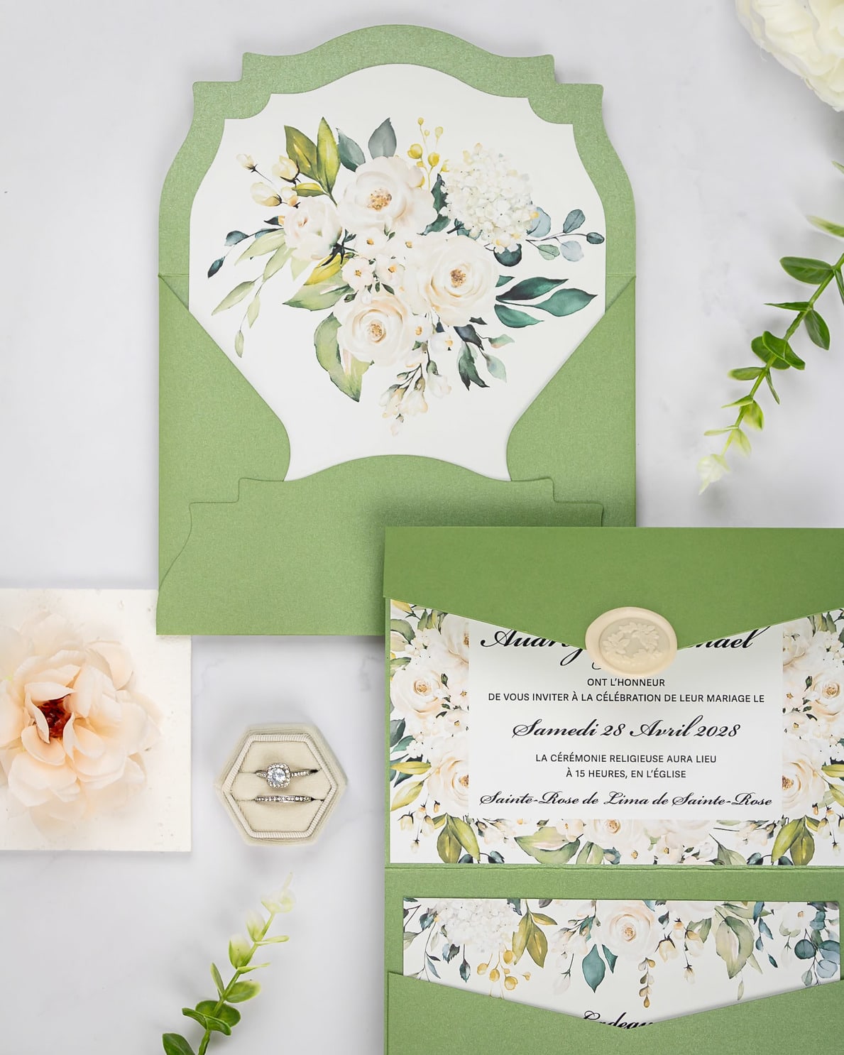 "Maud" - Faire-part de mariage fleuris élégant et romantique avec dorure or et wax seal – Wedding stationery - Création Luxe Carterie Studio