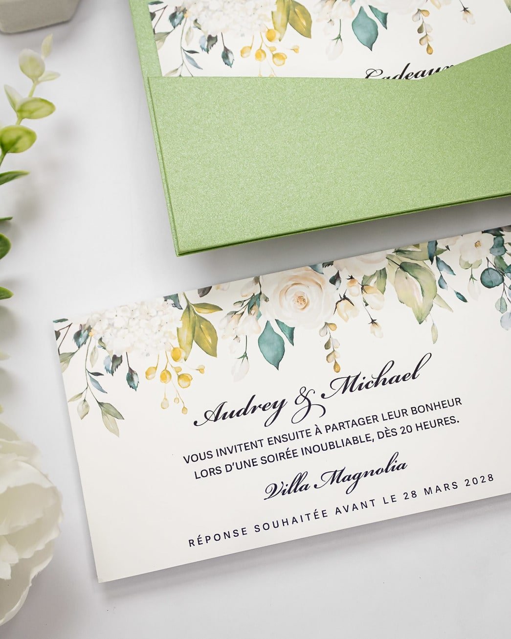"Maud" - Faire-part de mariage fleuris élégant et romantique avec dorure or et wax seal – Wedding stationery - Création Luxe Carterie Studio