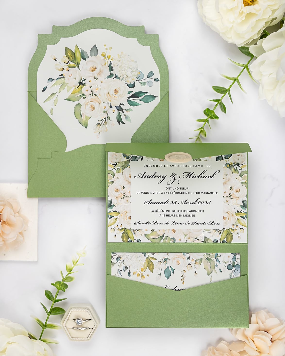 "Maud" - Faire-part de mariage fleuris élégant et romantique avec dorure or et wax seal – Wedding stationery - Création Luxe Carterie Studio
