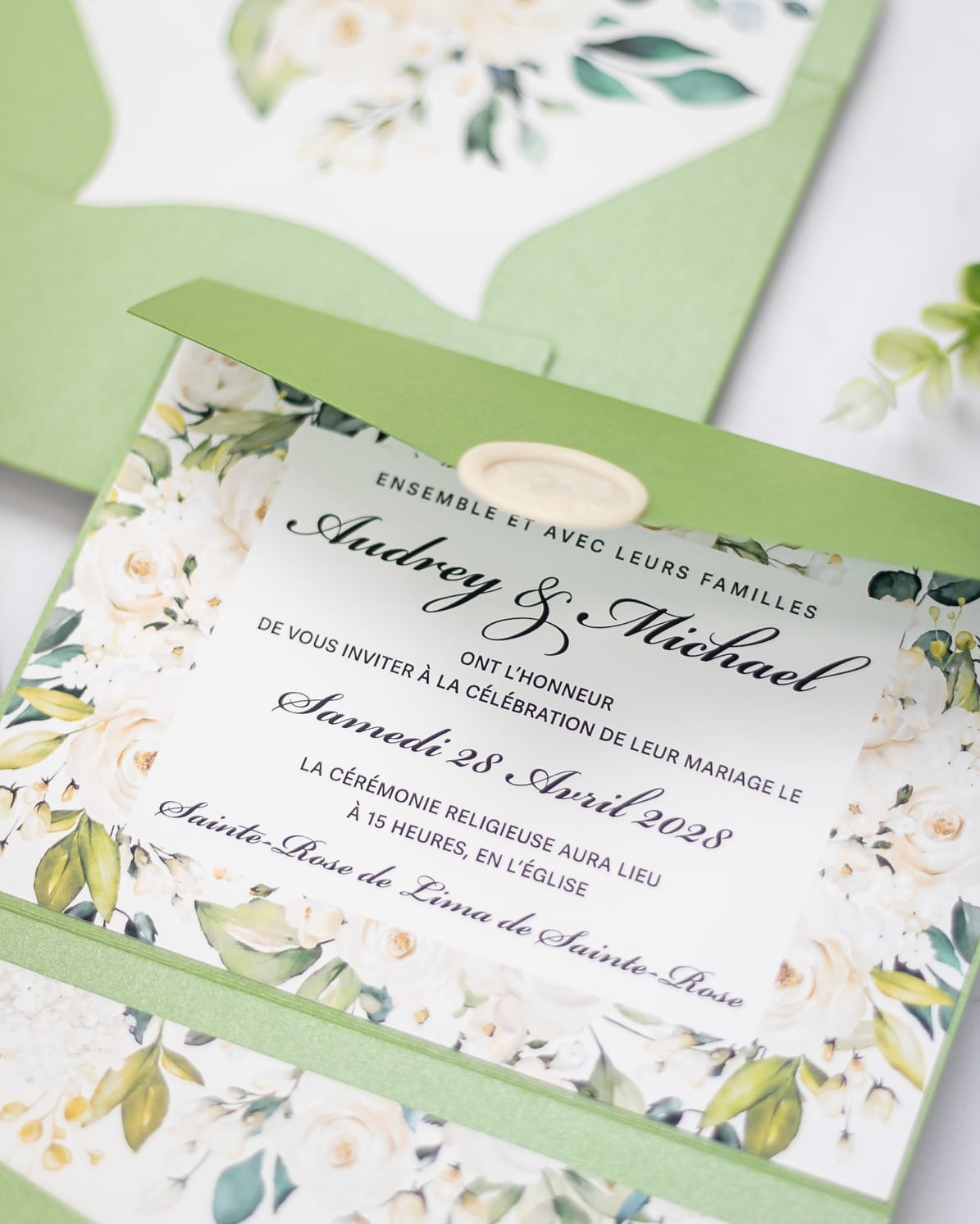 "Maud" - Faire-part de mariage fleuris élégant et romantique avec dorure or et wax seal – Wedding stationery - Création Luxe Carterie Studio