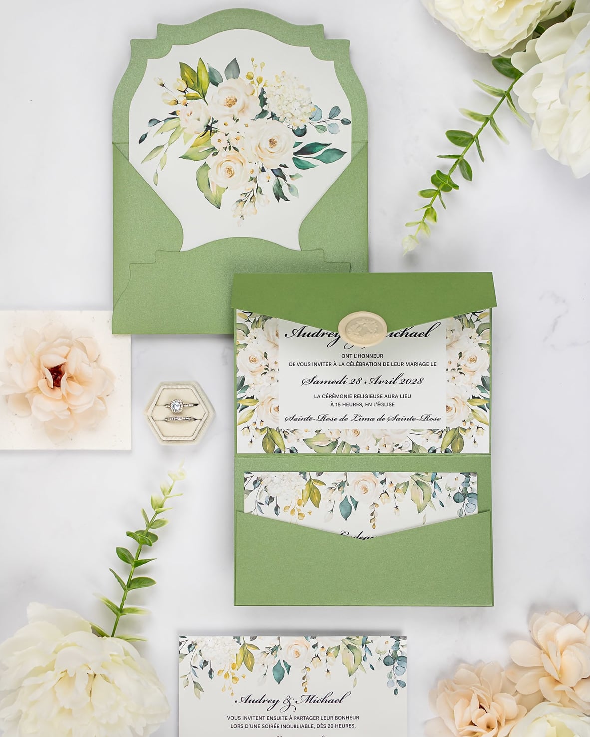 "Maud" - Faire-part de mariage fleuris élégant et romantique avec dorure or et wax seal – Wedding stationery - Création Luxe Carterie Studio