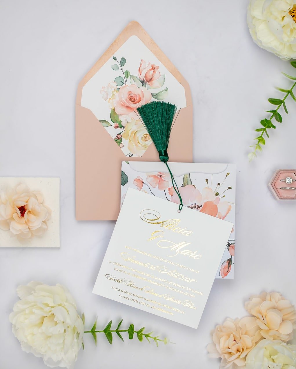 "Mélia" - Faire-part de mariage fleuris élégant et romantique avec dorure or - Wedding stationery - Création Luxe Carterie Studio