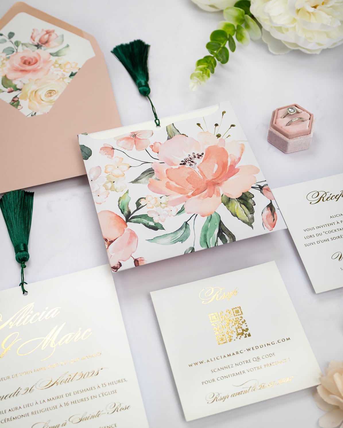 "Mélia" - Faire-part de mariage fleuris élégant et romantique avec dorure or - Wedding stationery - Création Luxe Carterie Studio