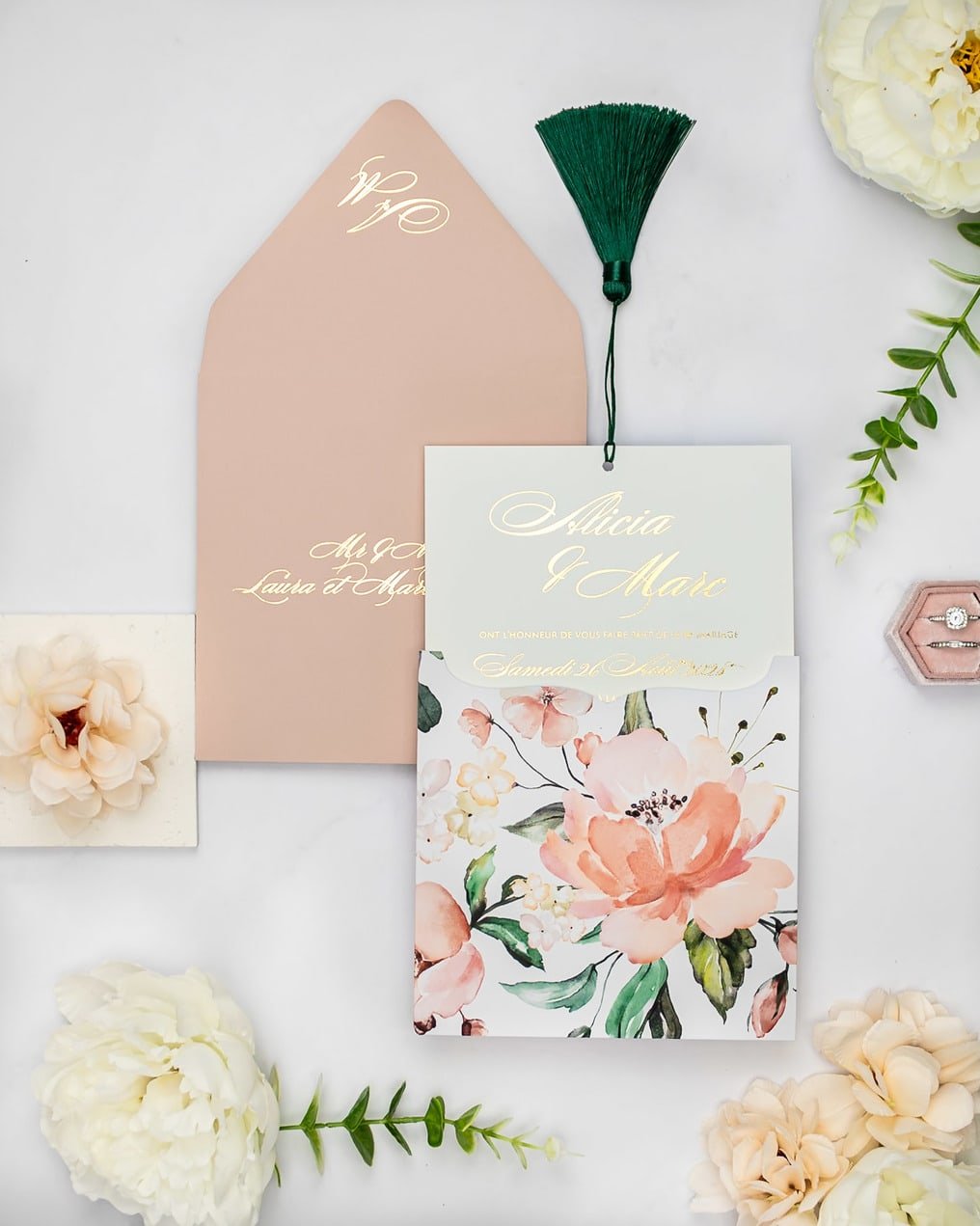 "Mélia" - Faire-part de mariage fleuris élégant et romantique avec dorure or - Wedding stationery - Création Luxe Carterie Studio