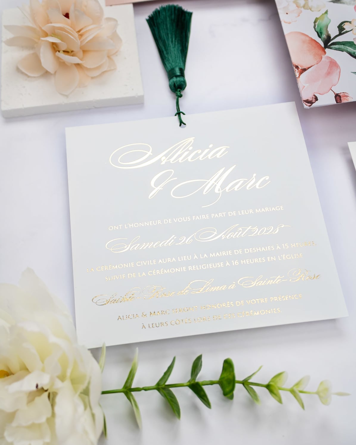 "Mélia" - Faire-part de mariage fleuris élégant et romantique avec dorure or - Wedding stationery - Création Luxe Carterie Studio