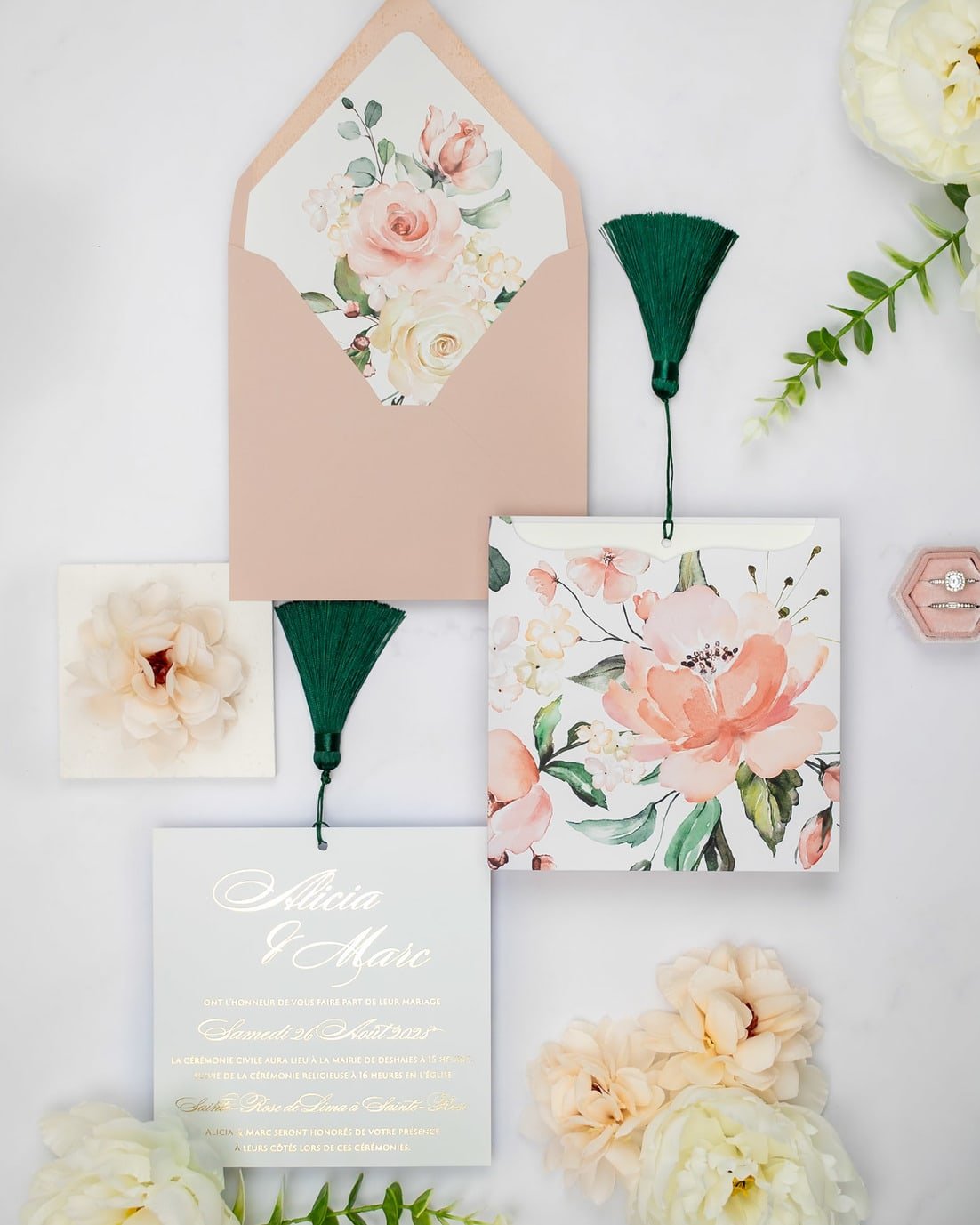 "Mélia" - Faire-part de mariage fleuris élégant et romantique avec dorure or - Wedding stationery - Création Luxe Carterie Studio