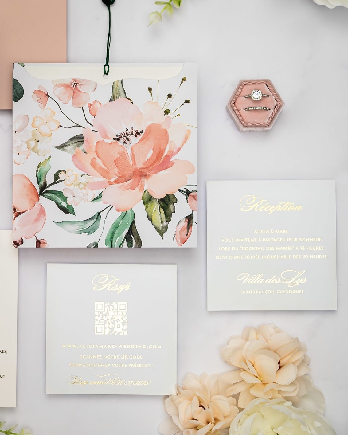 "Mélia" - Faire-part de mariage fleuris élégant et romantique avec dorure or - Wedding stationery - Création Luxe Carterie Studio