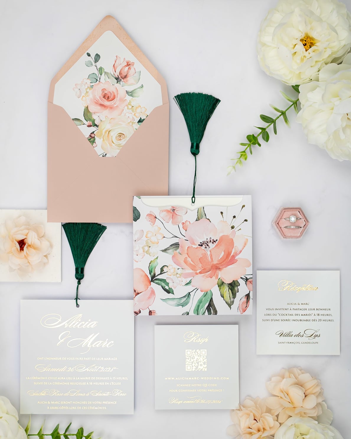 "Mélia" - Faire-part de mariage fleuris élégant et romantique avec dorure or - Wedding stationery - Création Luxe Carterie Studio