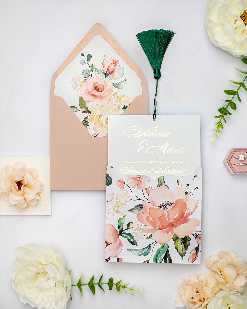 "Mélia" - Faire-part de mariage fleuris élégant et romantique avec dorure or - Wedding stationery - Création Luxe Carterie Studio