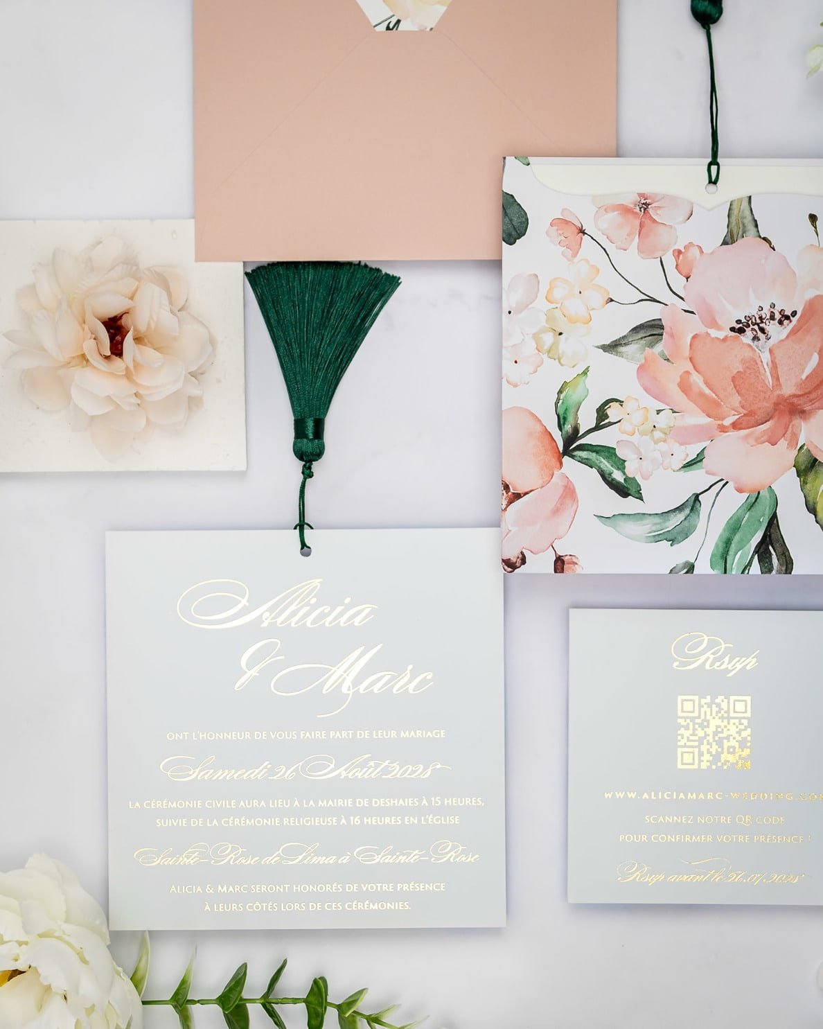 "Mélia" - Faire-part de mariage fleuris élégant et romantique avec dorure or - Wedding stationery - Création Luxe Carterie Studio