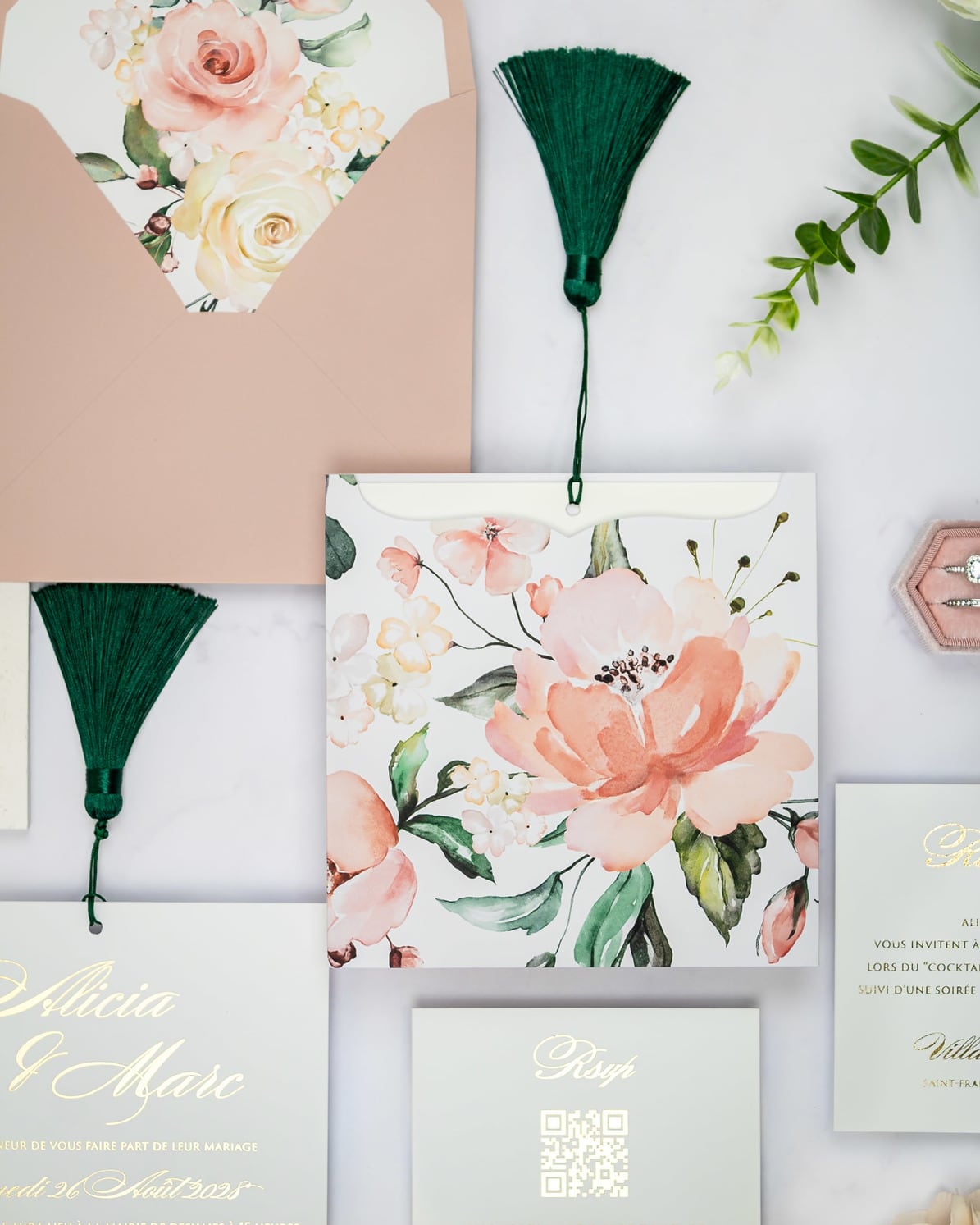 "Mélia" - Faire-part de mariage fleuris élégant et romantique avec dorure or - Wedding stationery - Création Luxe Carterie Studio
