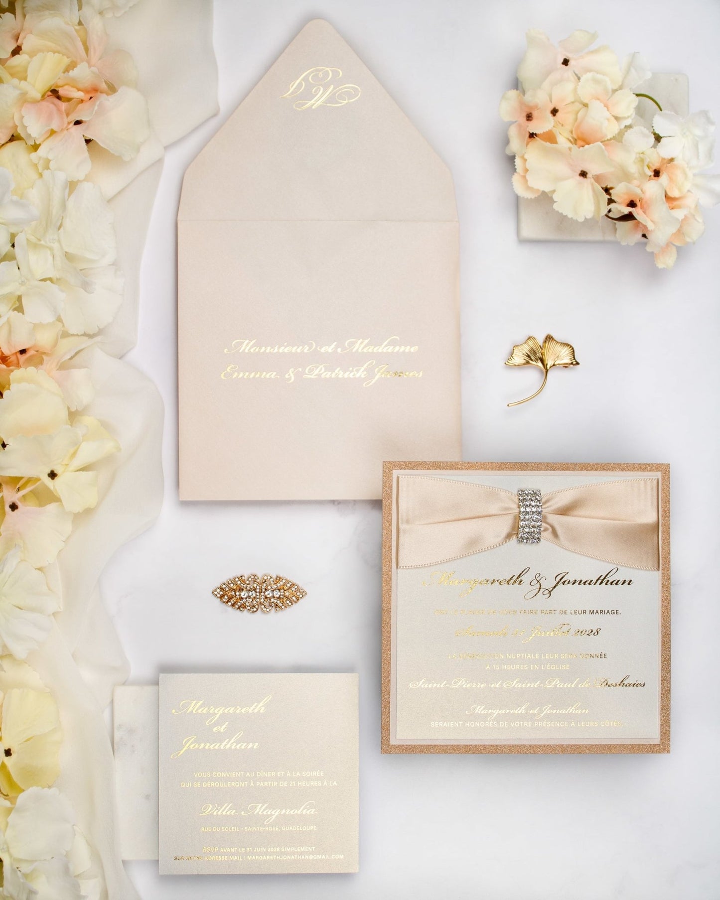 "Myosotis" - Faire-part de mariage chic, élégant et romantique avec dorure or - Wedding stationery - Création Luxe Carterie Studio