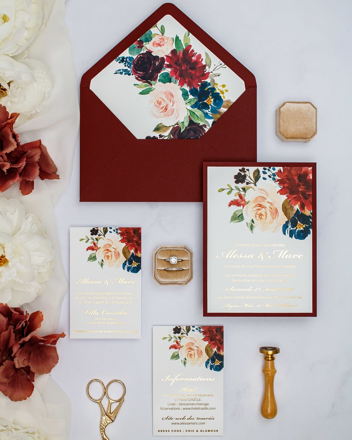 "Opaline" - Faire-part de mariage fleuris élégant et romantique avec dorure or - Wedding stationery - Création Luxe Carterie Studio