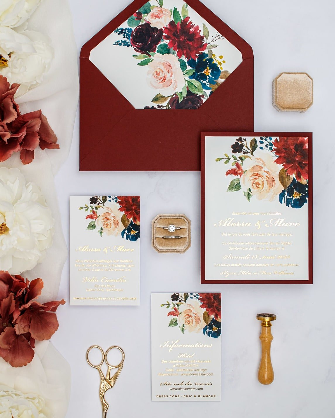 "Opaline" - Faire-part de mariage fleuris élégant et romantique avec dorure or - Wedding stationery - Création Luxe Carterie Studio