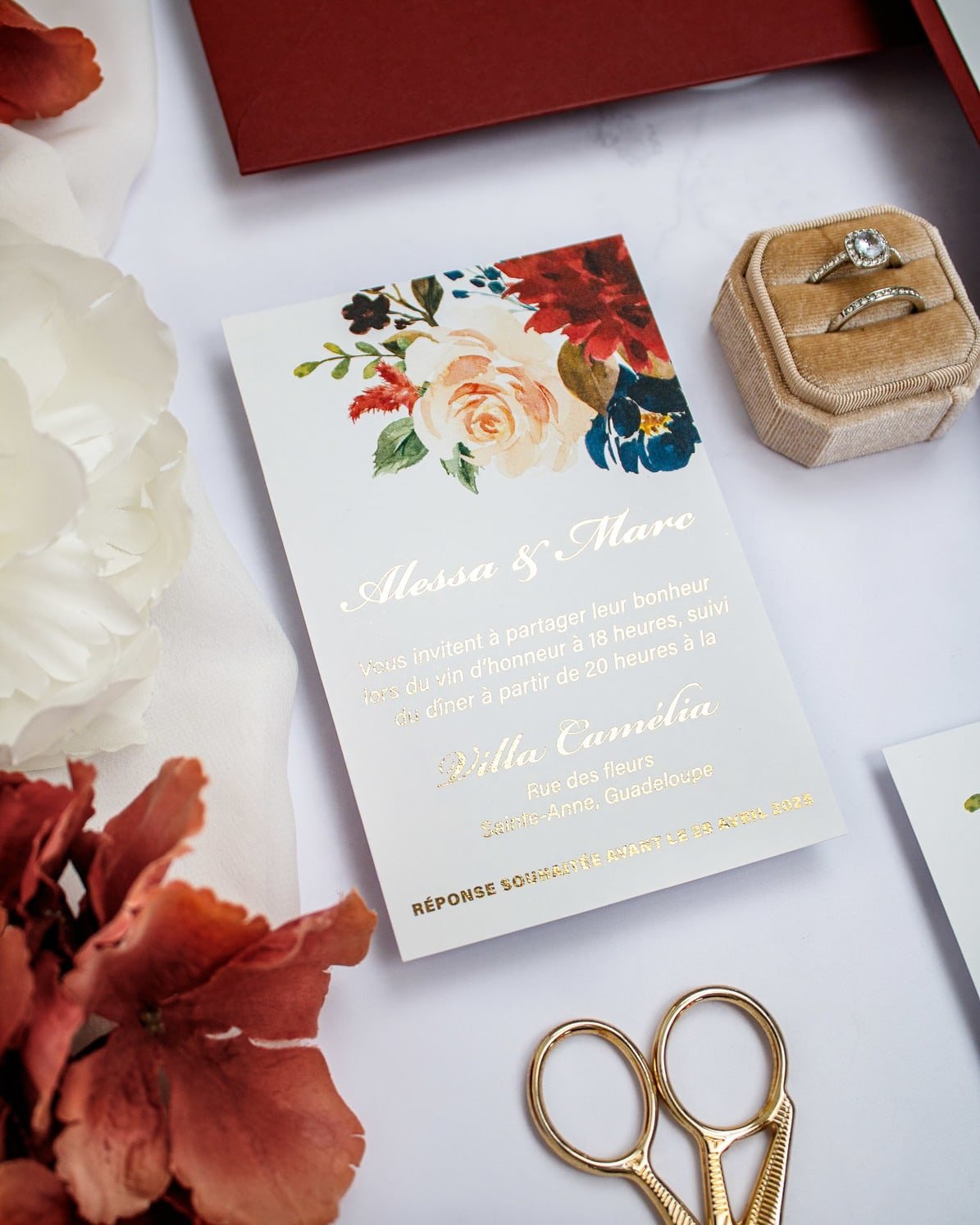 "Opaline" - Faire-part de mariage fleuris élégant et romantique avec dorure or - Wedding stationery - Création Luxe Carterie Studio