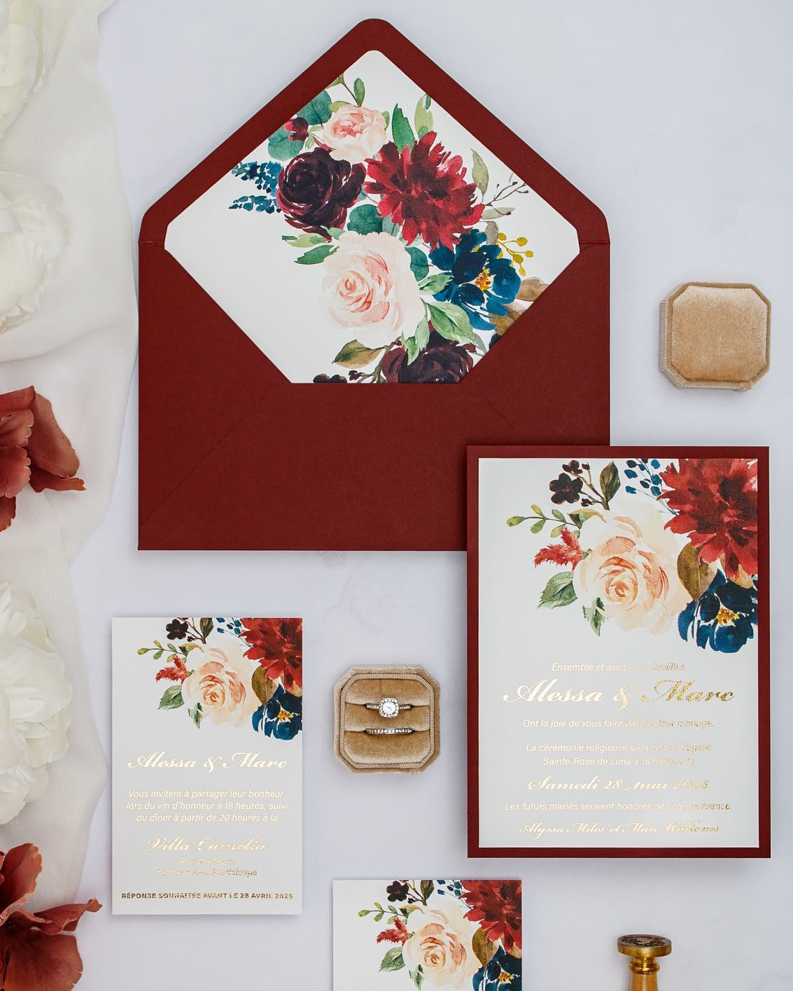 "Opaline" - Faire-part de mariage fleuris élégant et romantique avec dorure or - Wedding stationery - Création Luxe Carterie Studio