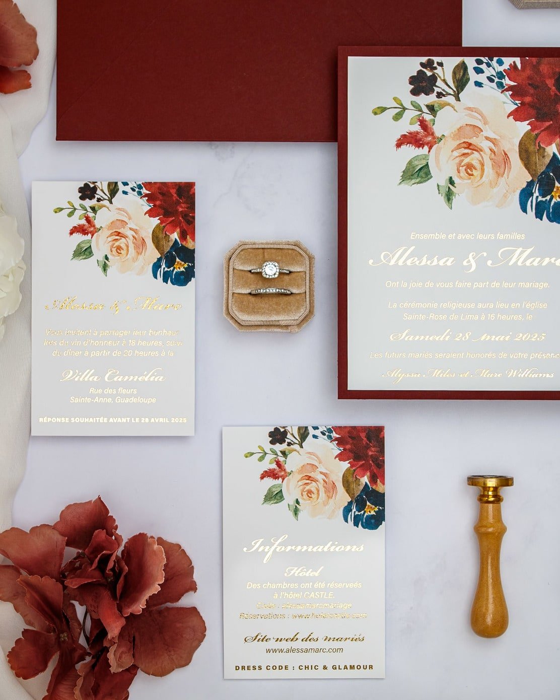 "Opaline" - Faire-part de mariage fleuris élégant et romantique avec dorure or - Wedding stationery - Création Luxe Carterie Studio