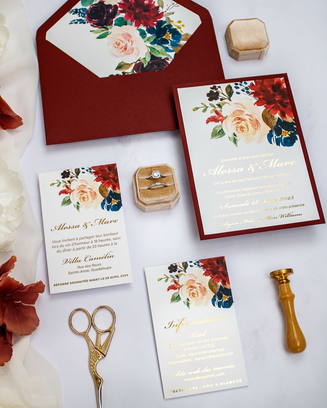 "Opaline" - Faire-part de mariage fleuris élégant et romantique avec dorure or - Wedding stationery - Création Luxe Carterie Studio