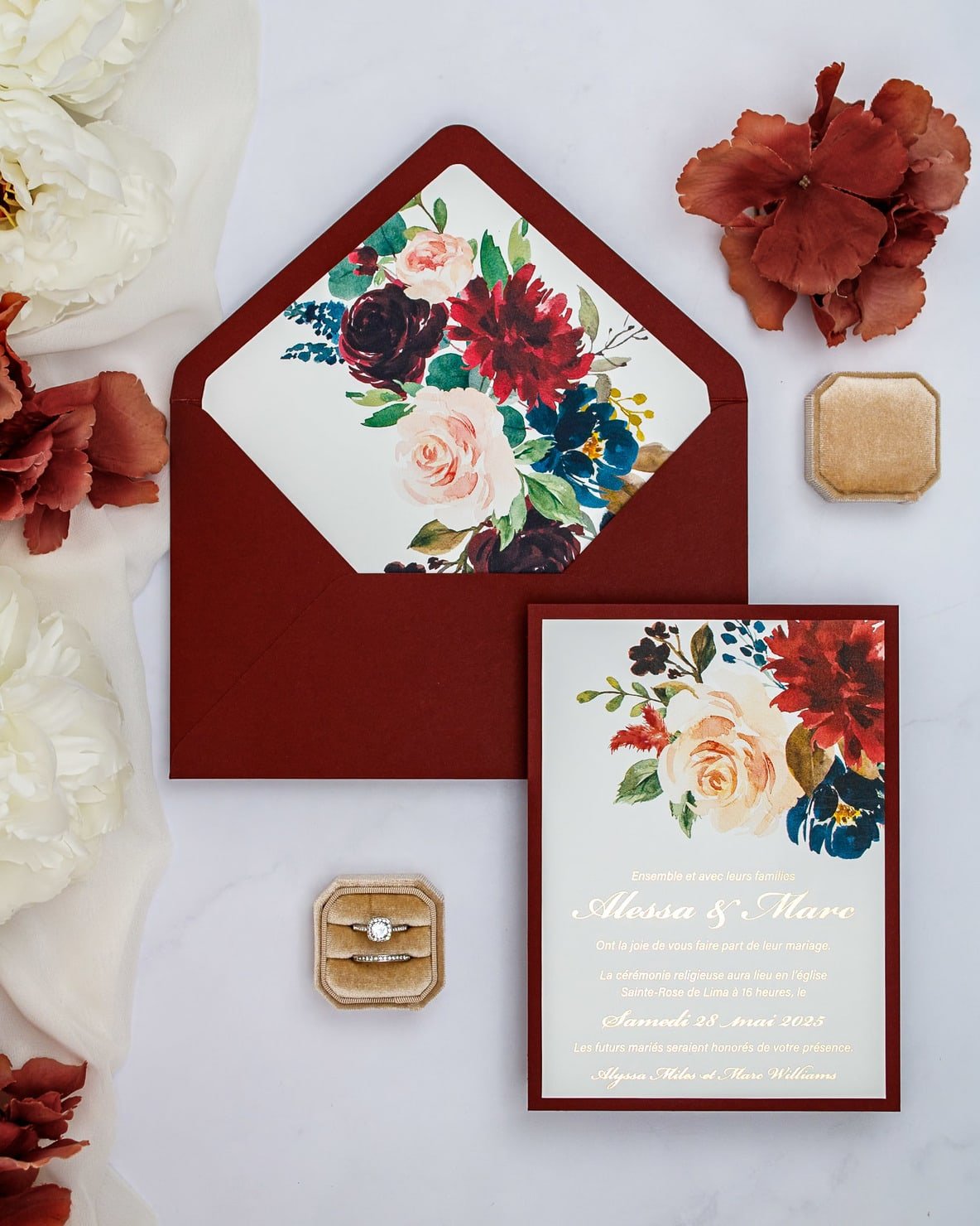 "Opaline" - Faire-part de mariage fleuris élégant et romantique avec dorure or - Wedding stationery - Création Luxe Carterie Studio
