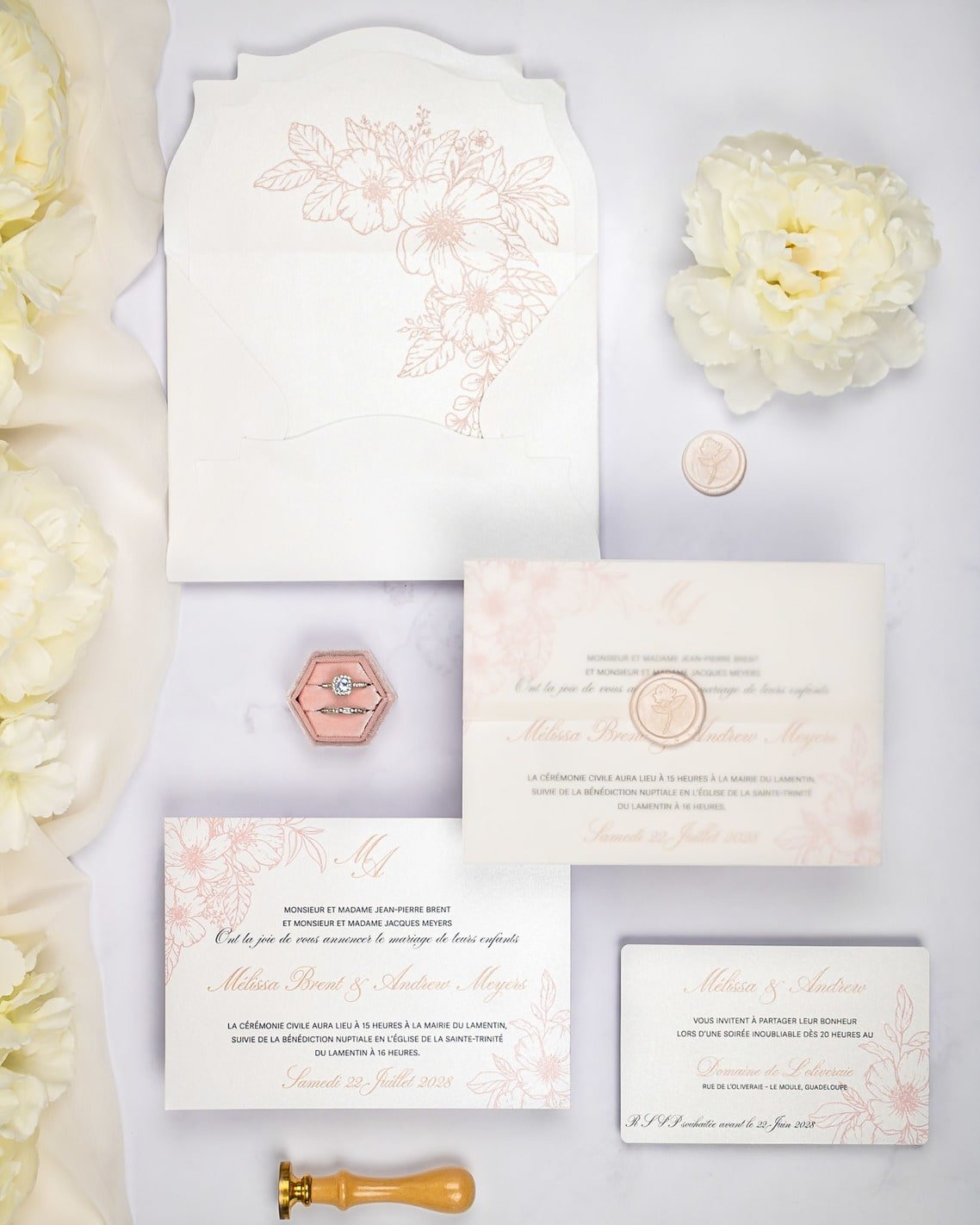 "Parme" - Faire-part de mariage fleuris élégant et romantique avec dorure or et wax seal – Wedding stationery - Création Luxe Carterie Studio