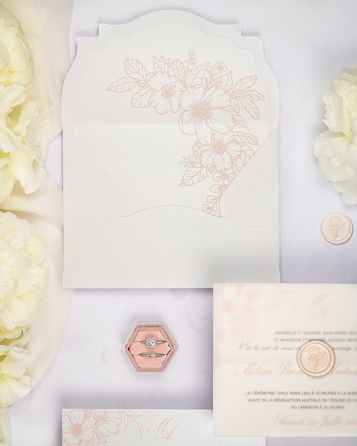 "Parme" - Faire-part de mariage fleuris élégant et romantique avec dorure or et wax seal – Wedding stationery - Création Luxe Carterie Studio
