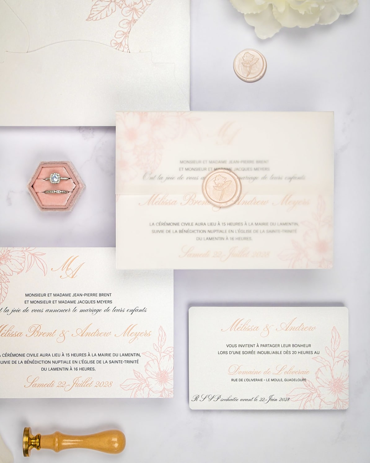 "Parme" - Faire-part de mariage fleuris élégant et romantique avec dorure or et wax seal – Wedding stationery - Création Luxe Carterie Studio